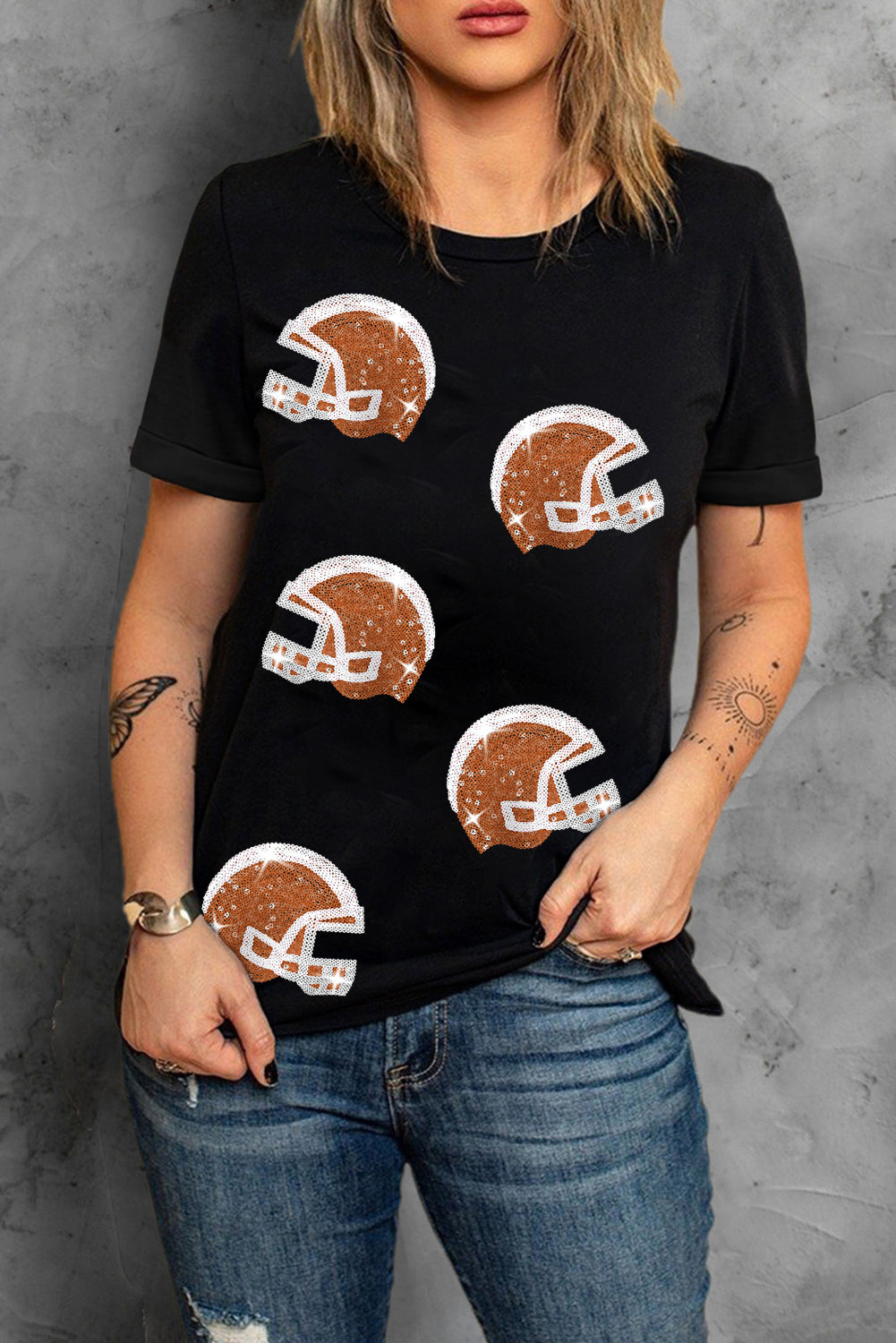 Sequin Football Helmet Graphic T Shirt