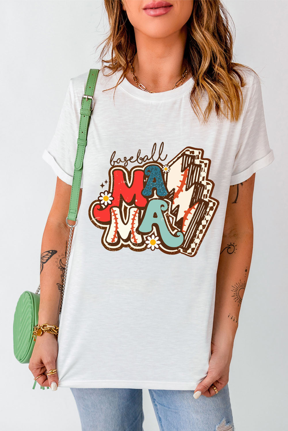  Baseball "Mama' White Bolt Graphic T Shirt