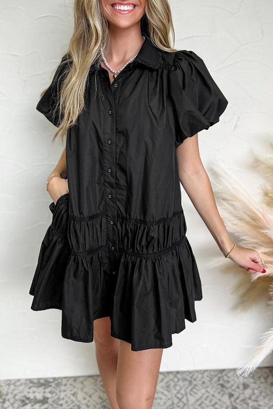 Teri Black Ruffled Shirt Style Dress