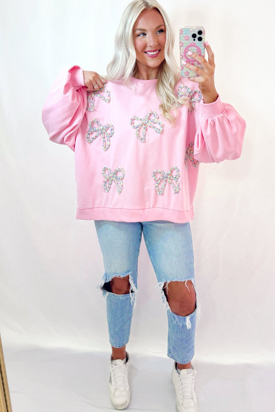 Pink Embroidered Bows Oversized Sweatshirt