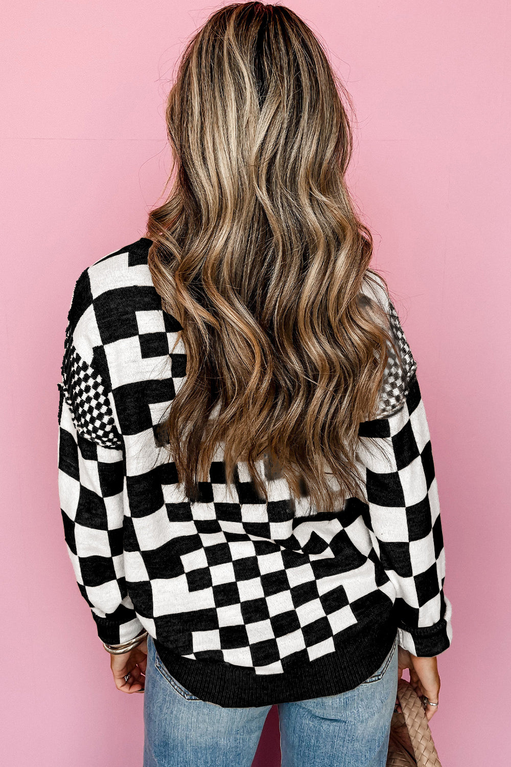 Black Checkered Drop Shoulder Sweater