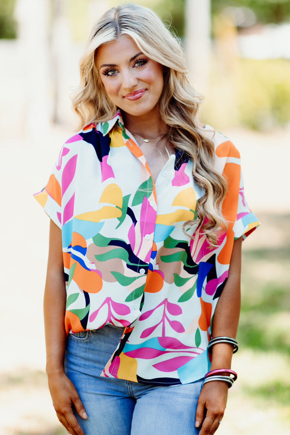 Multicolour Abstract Leafy Print Short Sleeve Shirt - Klazzi Fashion Boutique