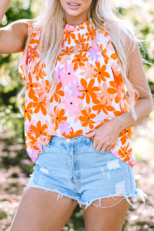  Ruffled Orange and Pink Floral Top