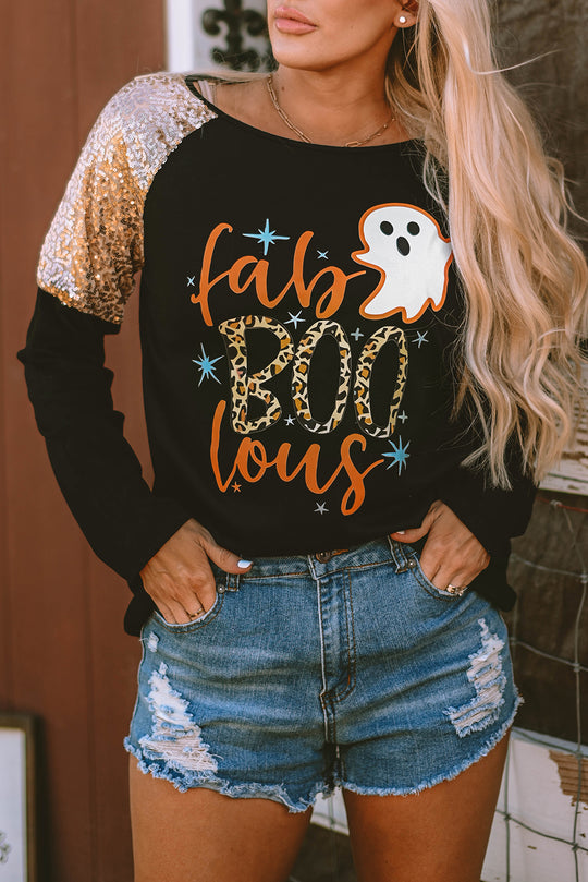 Sequin Fab- Boo- lous Leopard Ghost Long Sleeve Top