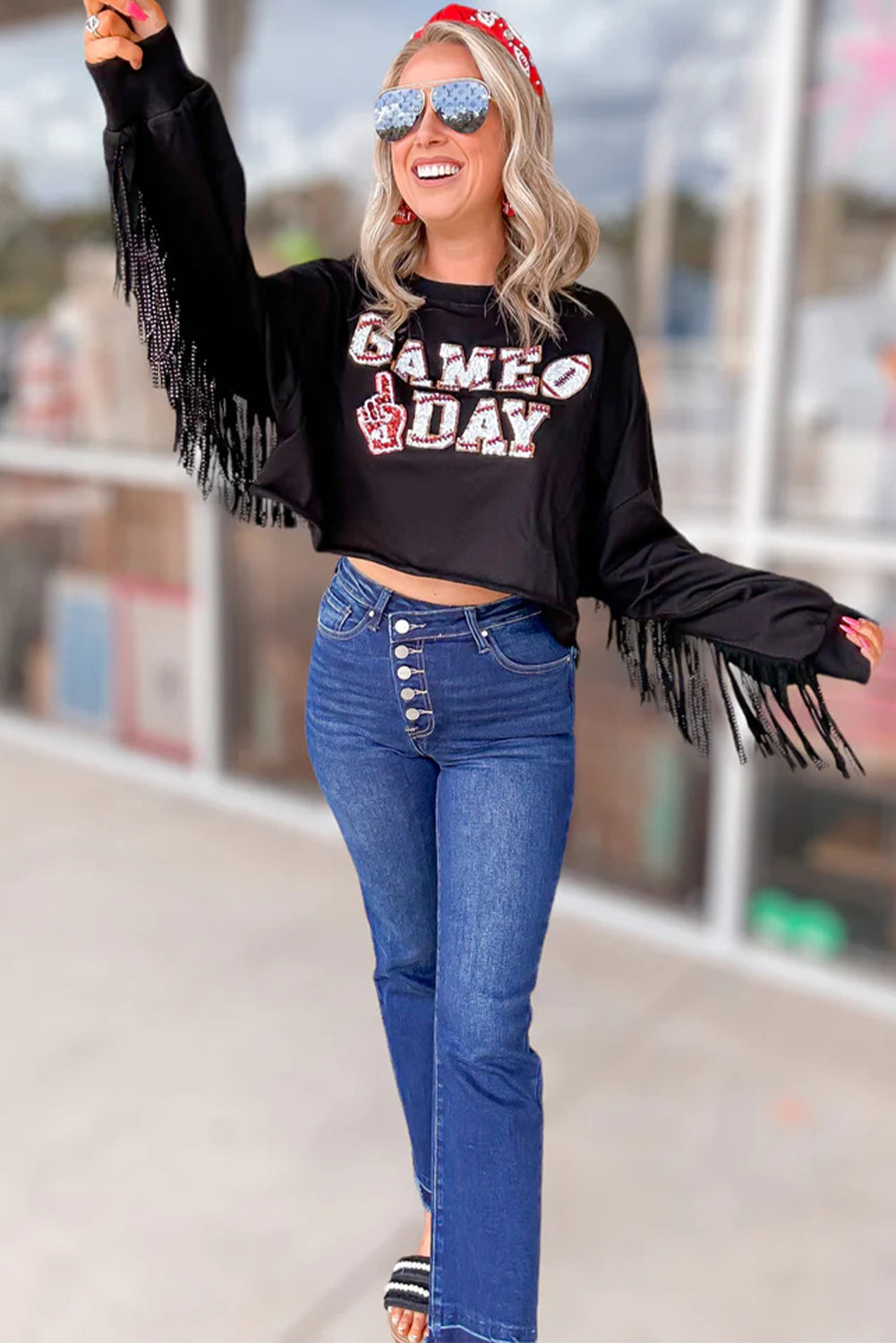  Sequin Tassel "GAME DAY" Football Cropped Sweatshirt