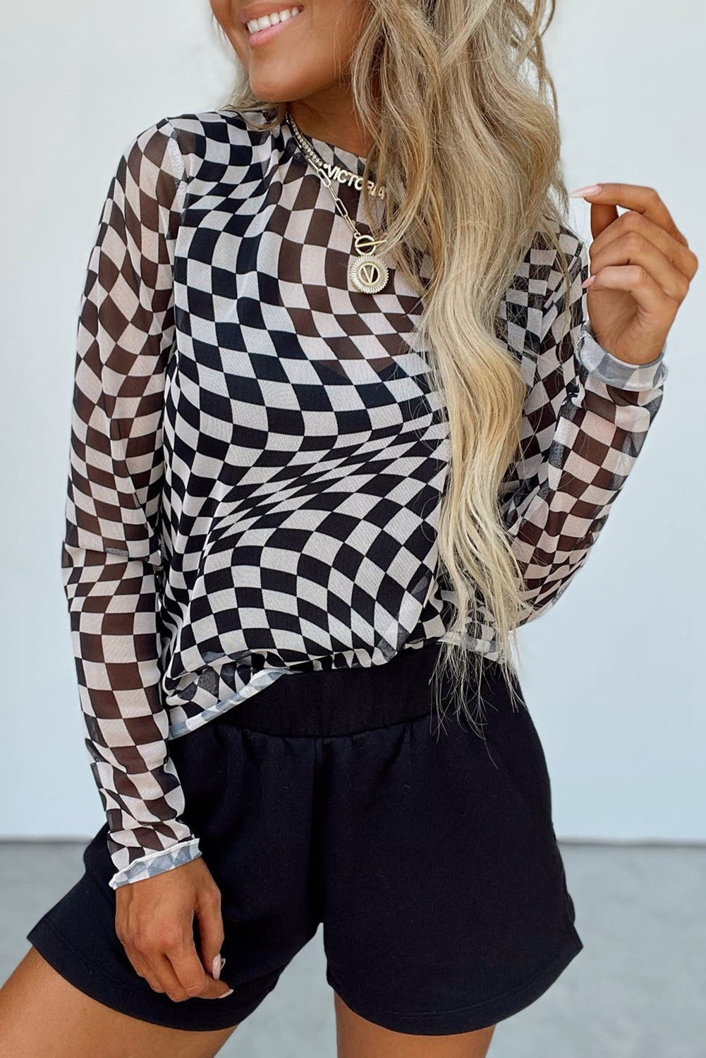 Checkered Sheer Long Sleeve Mesh Top