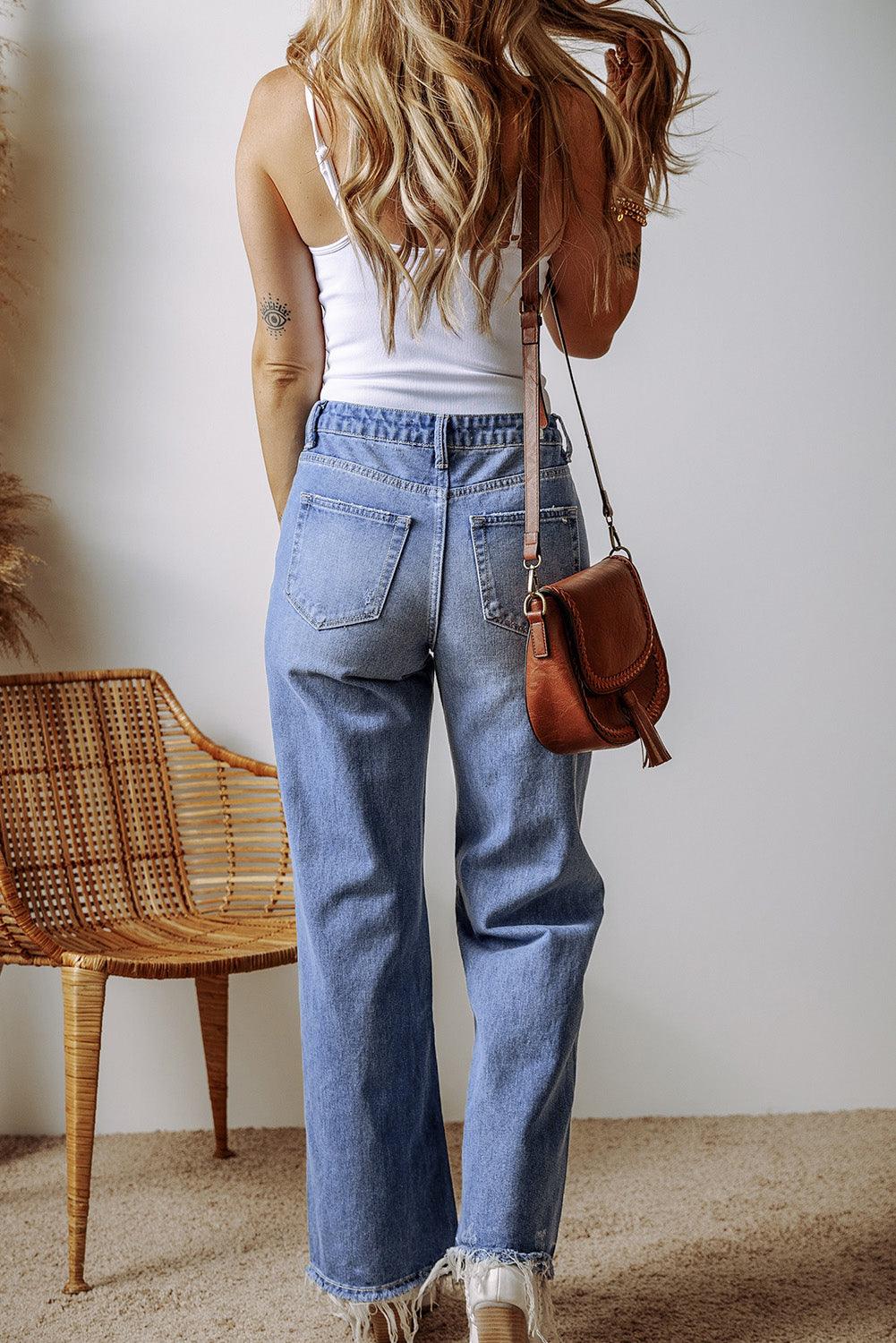 Distressed Destroyed Straight Leg High Waist Denim