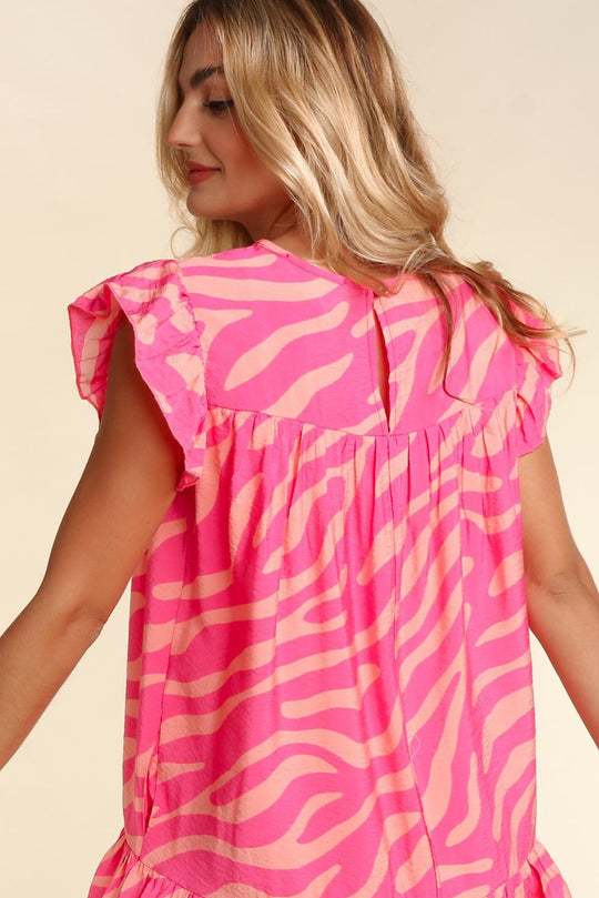 Ruffle Pink Zebra Stripe Pocketed Dress