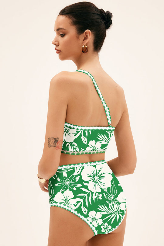 Green Floral One Shoulder Bikini Set