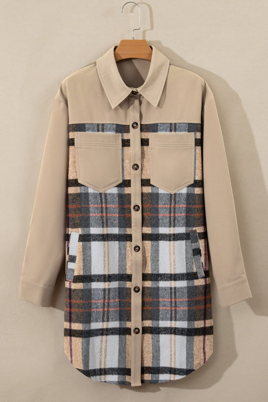  Plaid Camel Long Sleeve Shirt Mini Dress