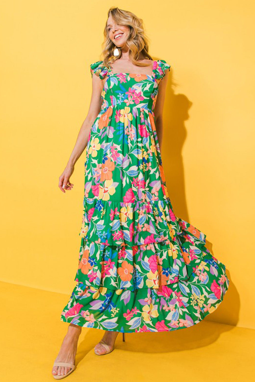 Ruffled Green Floral Tiered Maxi Dress - Klazzi Fashion Boutique