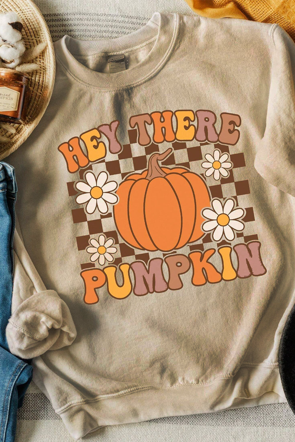 Floral Checkered "Hey There Pumpkin" Graphic Sweatshirt