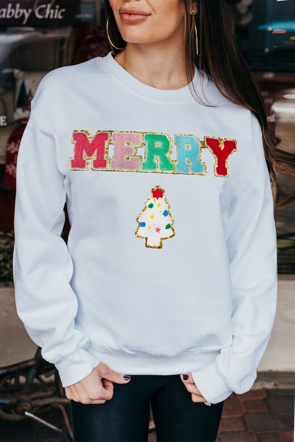  Christmas "Merry" Tree Chenille Graphic Sweatshirt