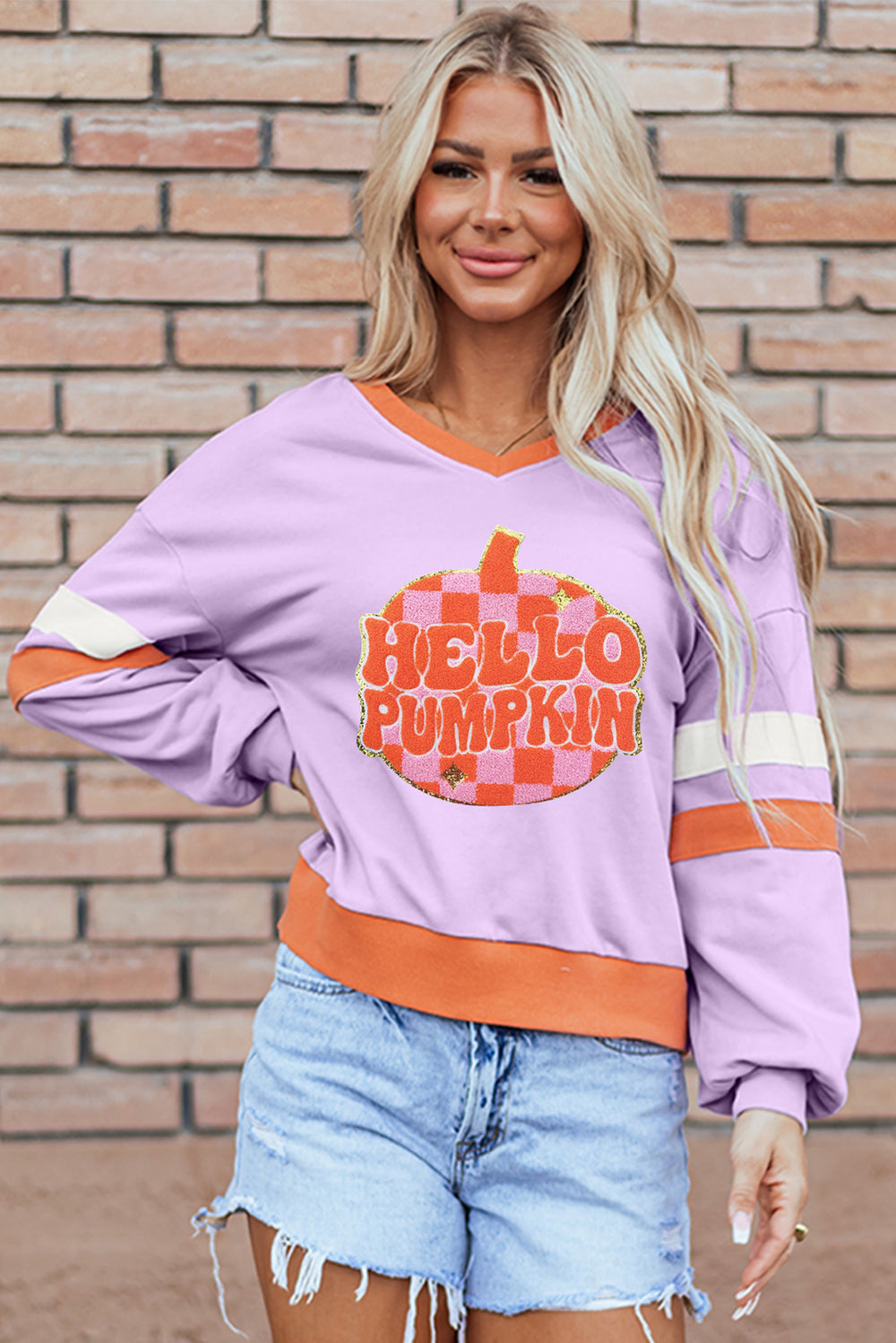 Chenille "HELLO PUMPKIN" Graphic Sweatshirt