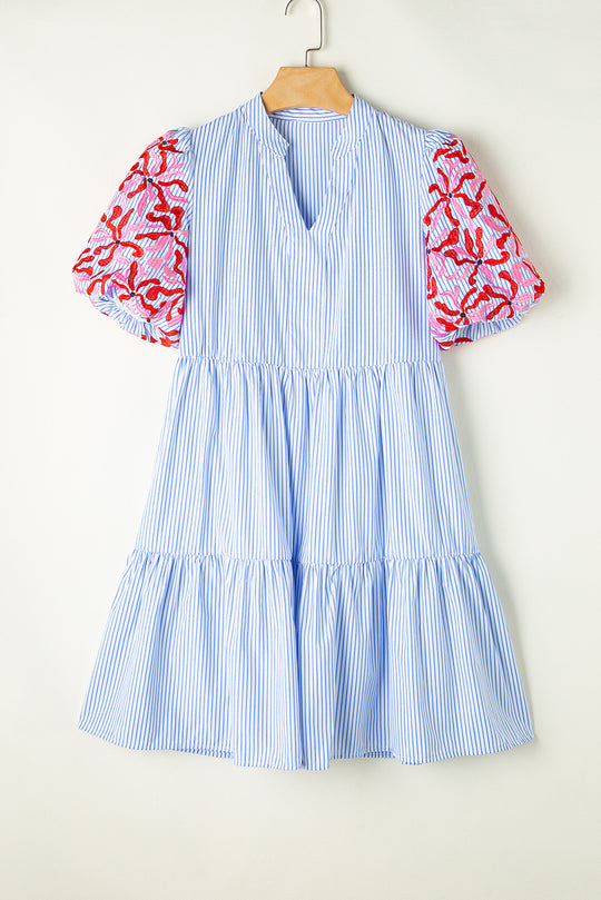  Stripe Blue Multicolor Pink Floral Tier Dress