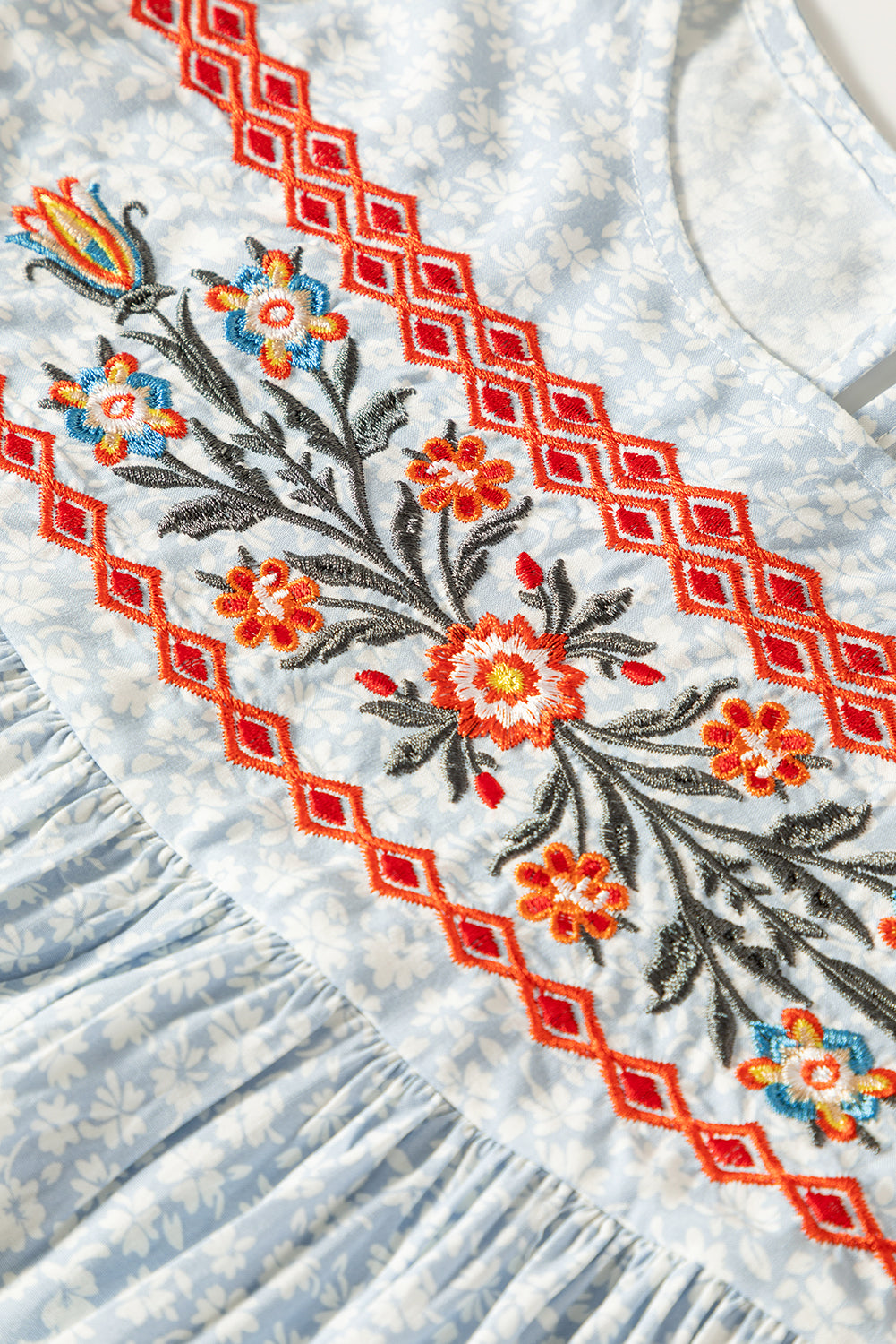 Boho Baby Blue Embroidered Floral Blouse - Klazzi Fashion Boutique