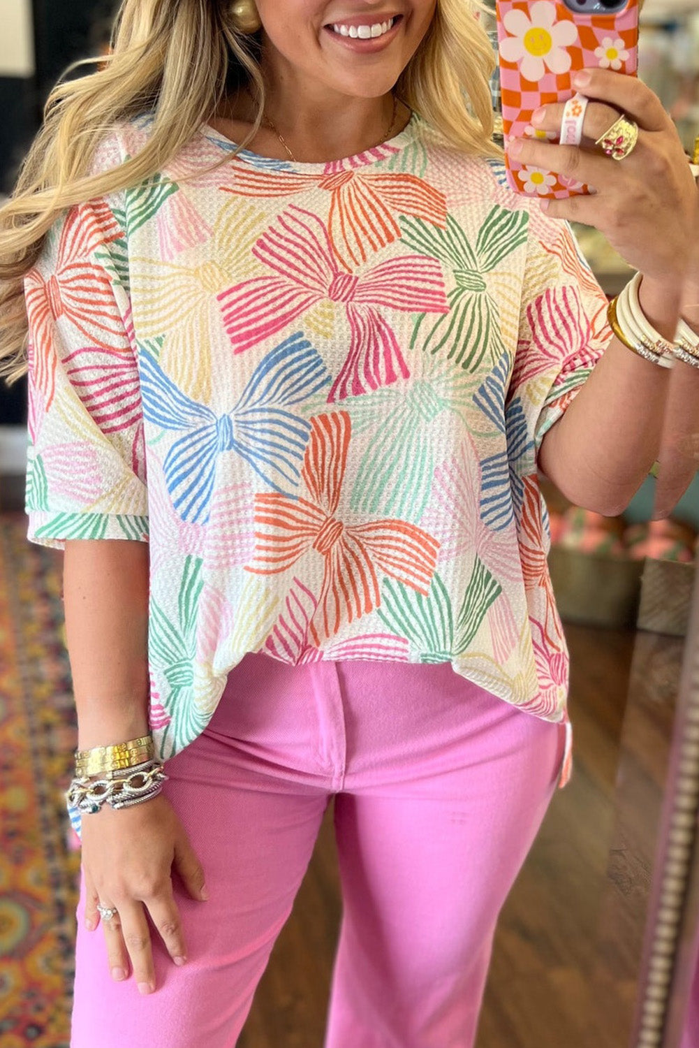 Multicolor Bowknots Waffle Top