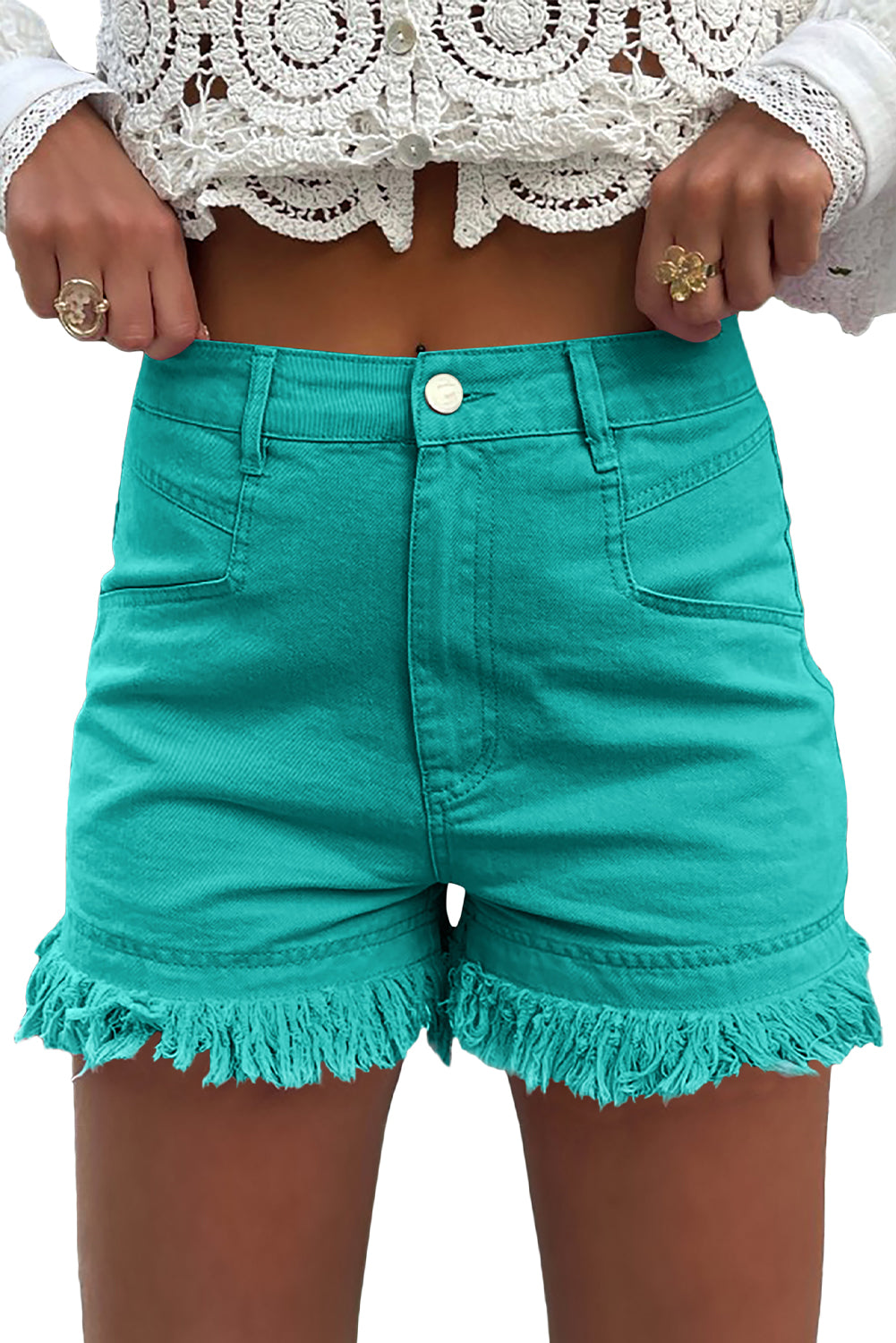 Frayed Turquoise Mid Rise Denim Shorts