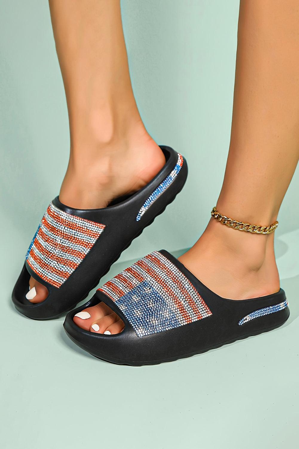 White Rhinestone American Flag Thick Sole Slippers