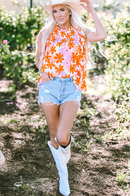  Ruffled Orange and Pink Floral Top