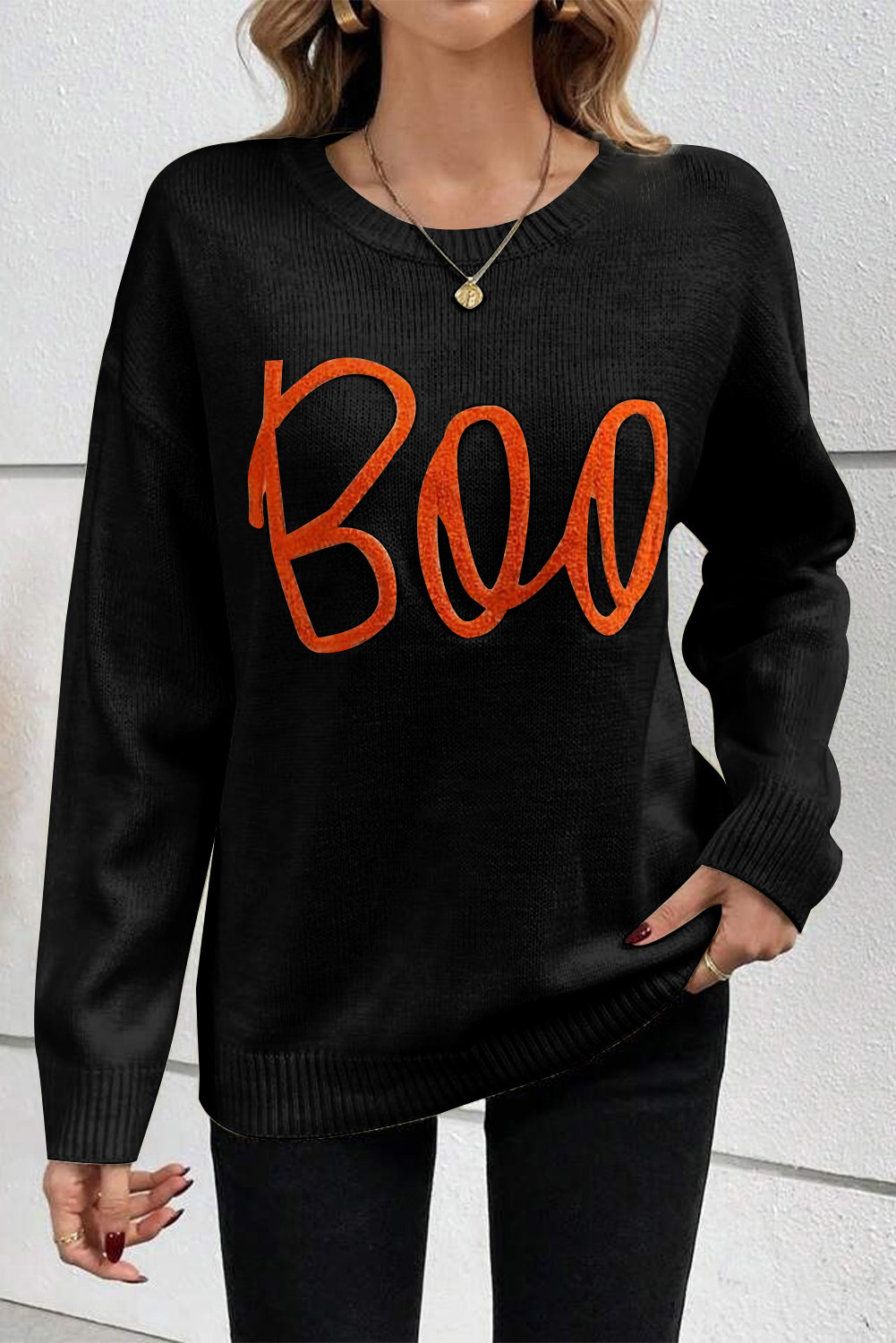 Cream Knitted "Boo" Pattern Sweater