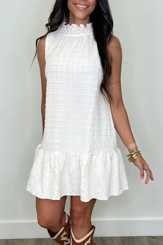 Ruffled White Sleeveless Mini Dress