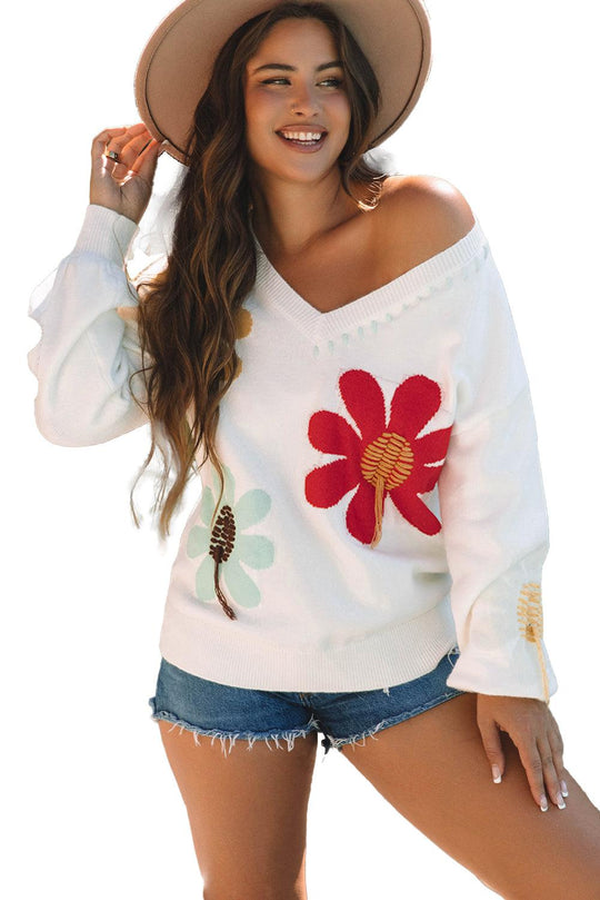 Coffee Big Flower Pattern V Neck Drop Shoulder Sweater