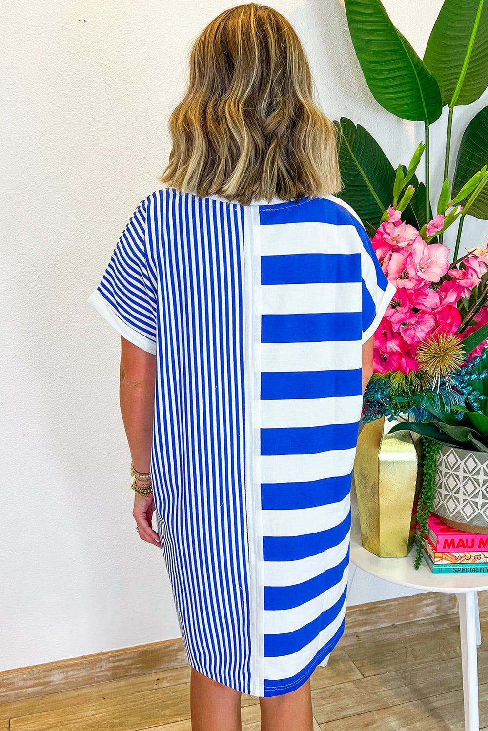 Mixed Stripes Royal Blue Mini T-Shirt Dress