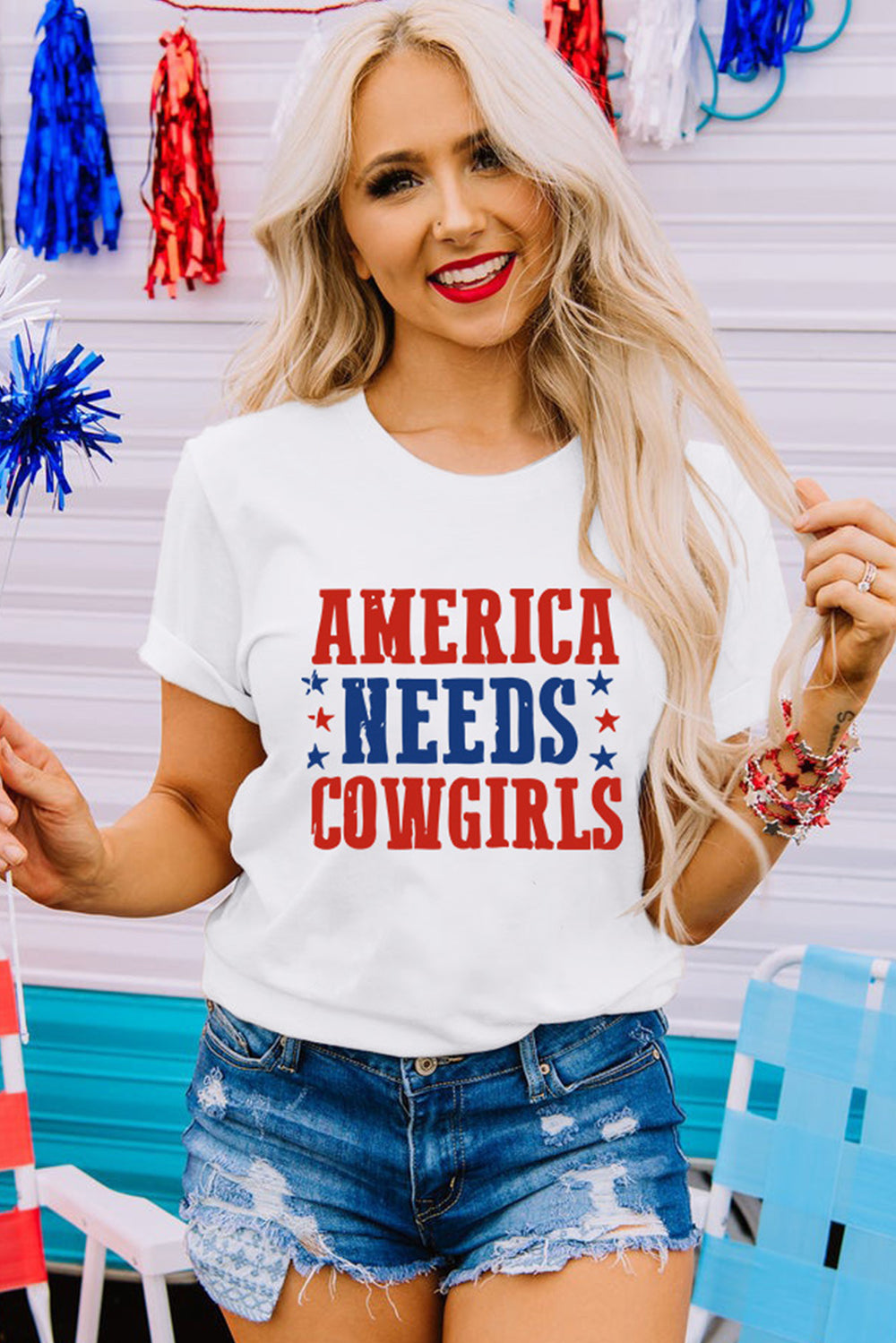 "America Needs Cowgirls" White Graphic T-Shirt