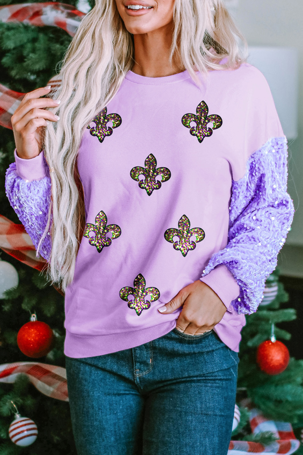  Mardi Gras Sequin Leafs Sweater