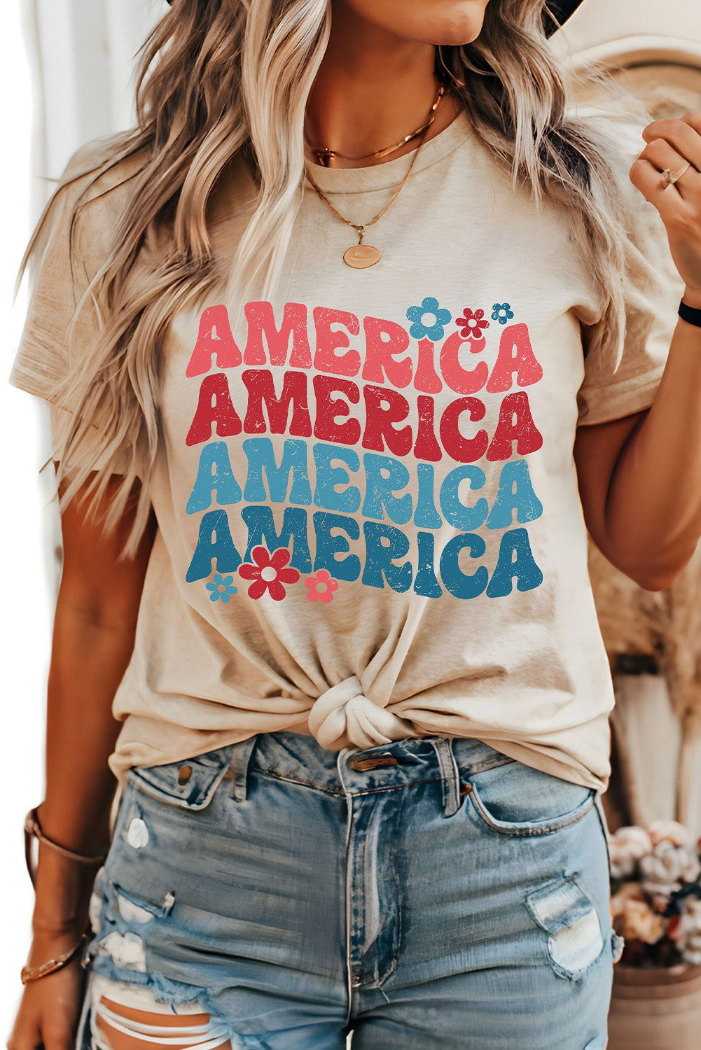 Khaki "AMERICA" Floral Graphic T Shirt