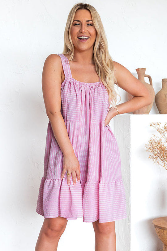 Ruffled Pink Pinstriped Mini Flared Dress