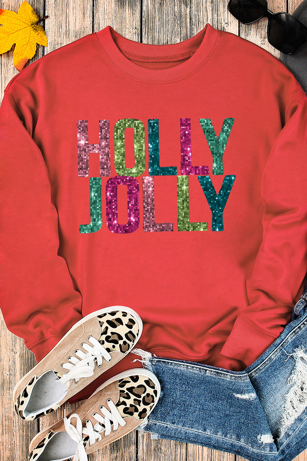  Glittering "HOLLY JOLLY" Christmas Sweatshirt