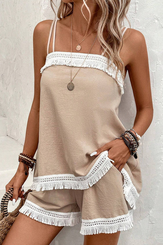 Crochet Khaki Fringe Shorts Set