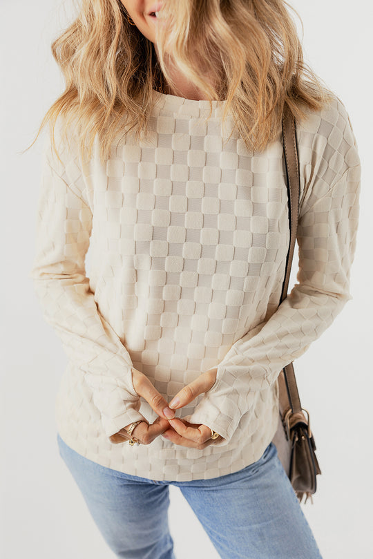 Beige Solid Textured Thumbhole Sleeve Top - Klazzi Fashion Boutique