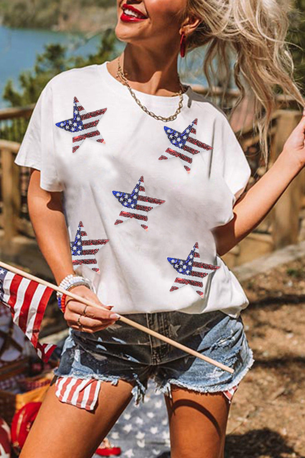 American Flag Sequin Stars Graphic T Shirt