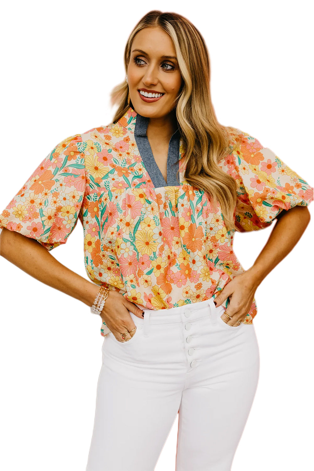 Yellow Multicolor Floral Bubble Sleeve Blouse