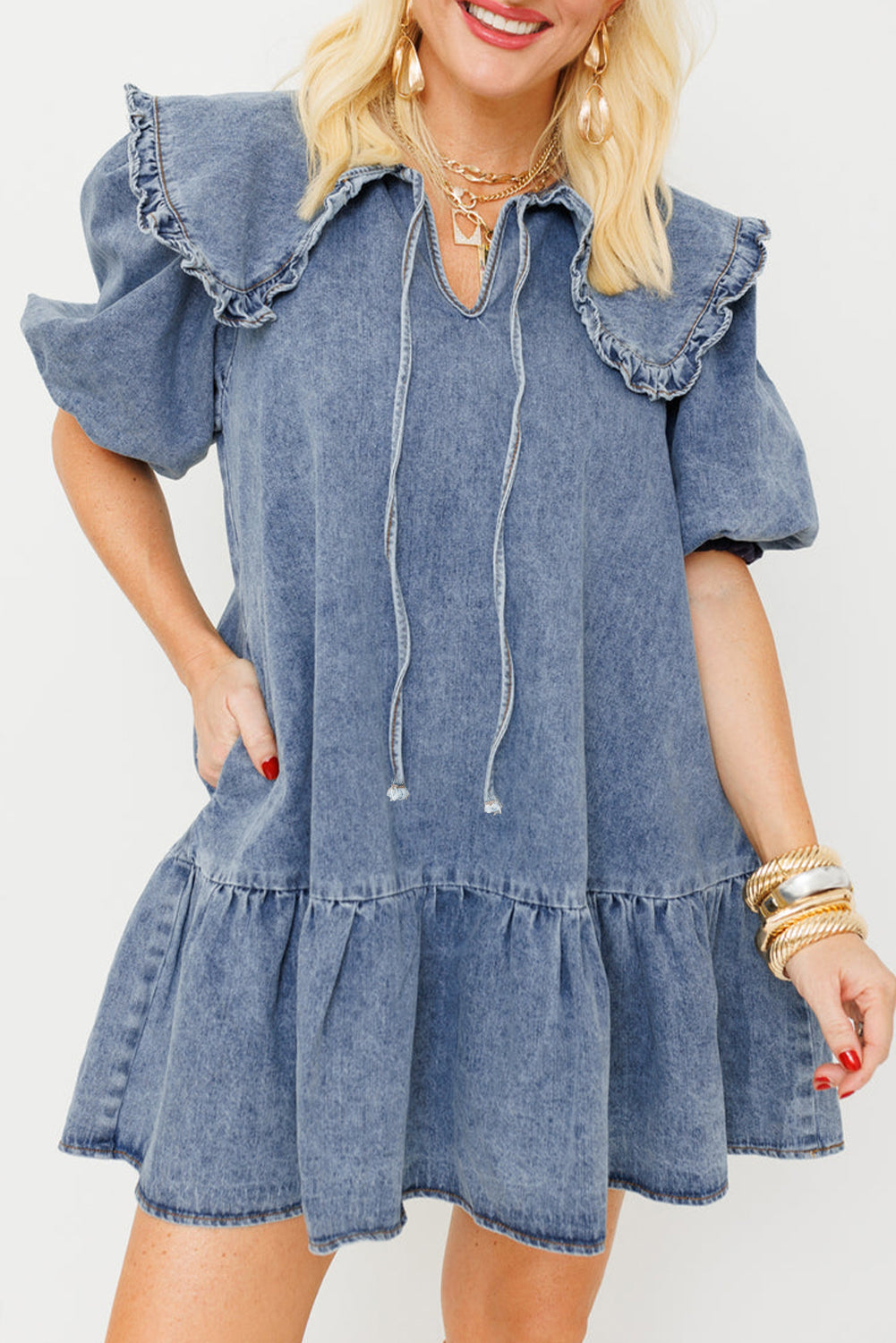 Shawna Ruffled Collar Denim Mini Dress