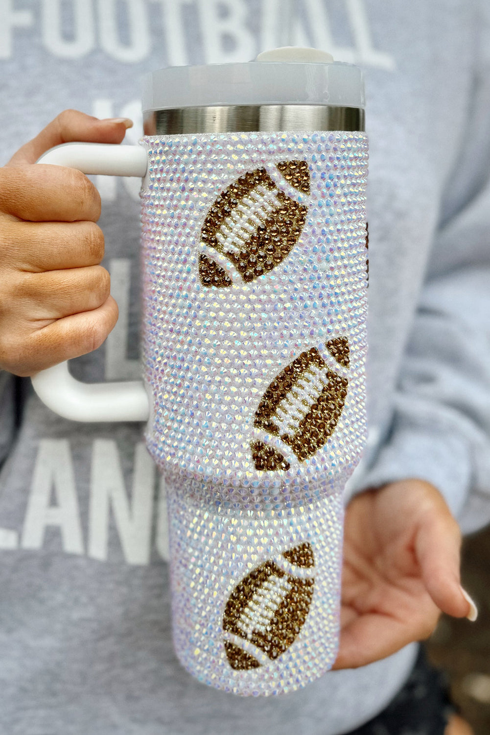 Pearl White Rhinestone Football Tumbler