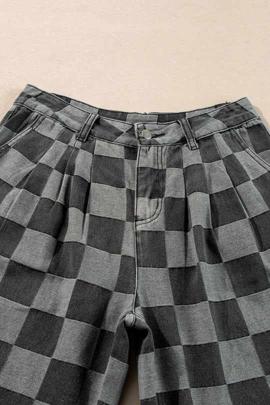  Checkered Denim Wide Leg Denim