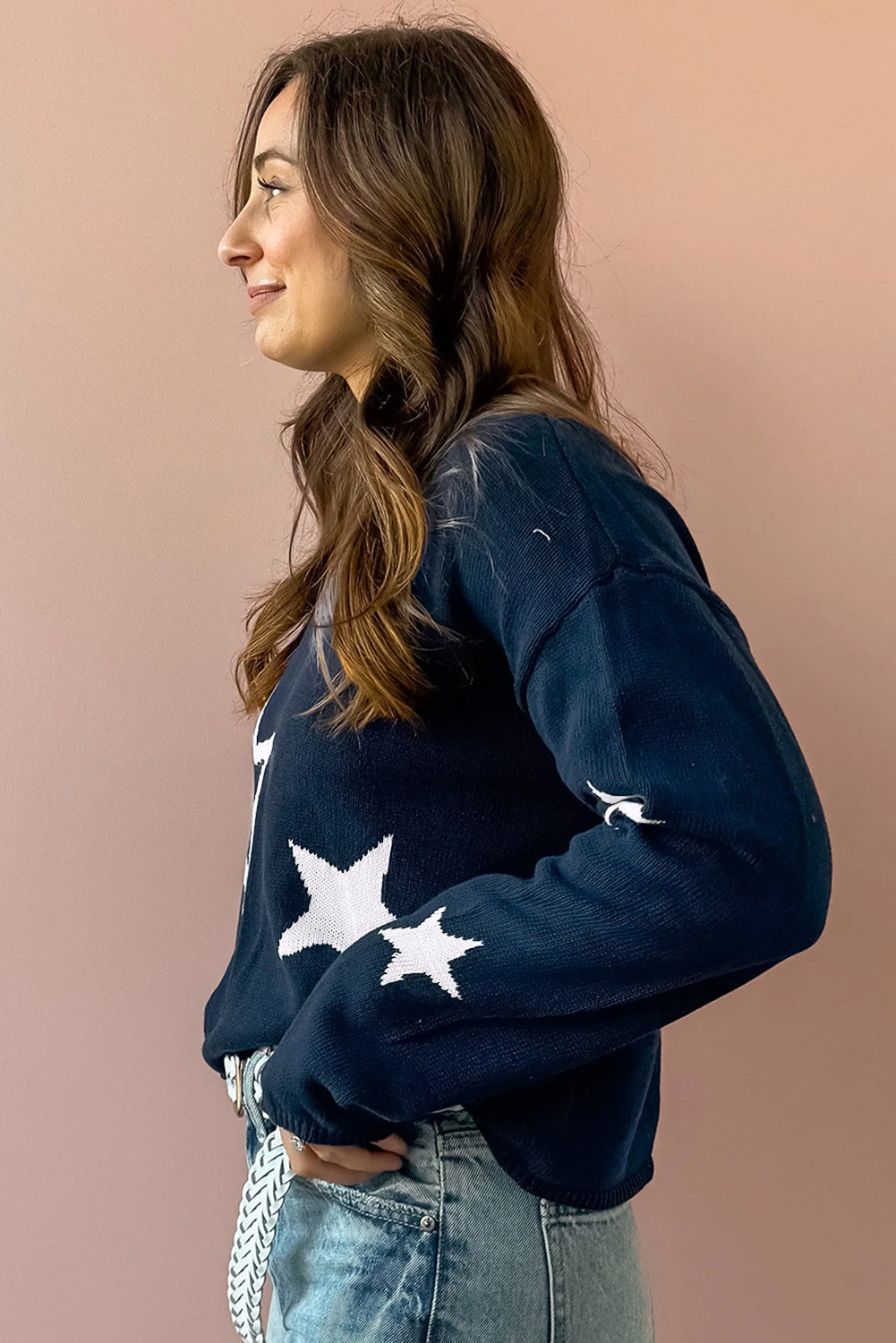  Knitted Navy Blue Star Drop Shoulder Sweater