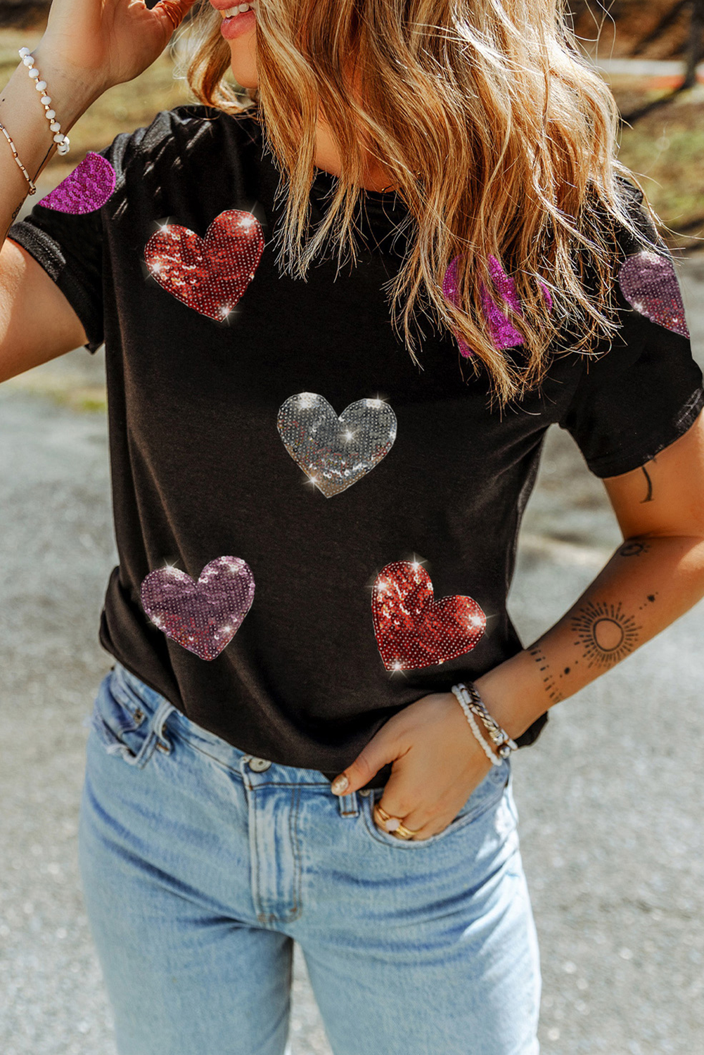  Hearts Sequin Patches Valentines Tee