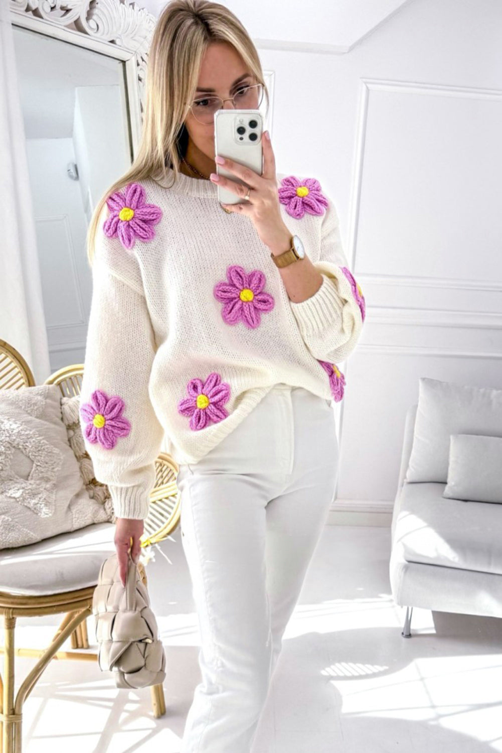 Chunky Floral Crochet Knit Sweater