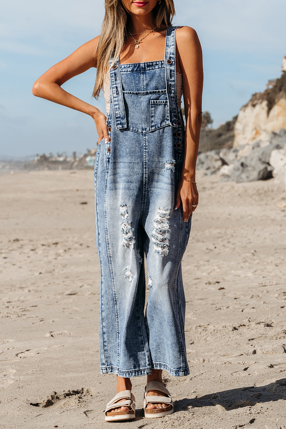  Distressed Wide Leg Denim Overalls