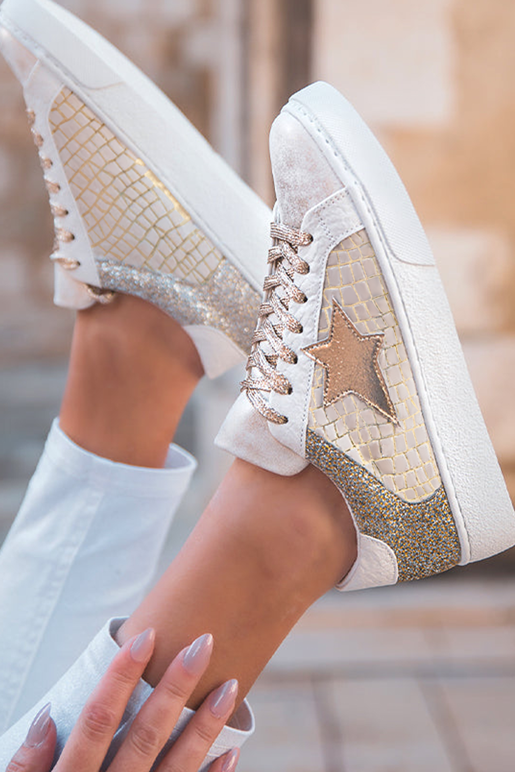 Leather Metallic Gold Glitter Star Sneakers