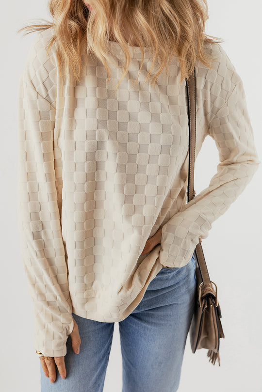 Beige Solid Textured Thumbhole Sleeve Top - Klazzi Fashion Boutique