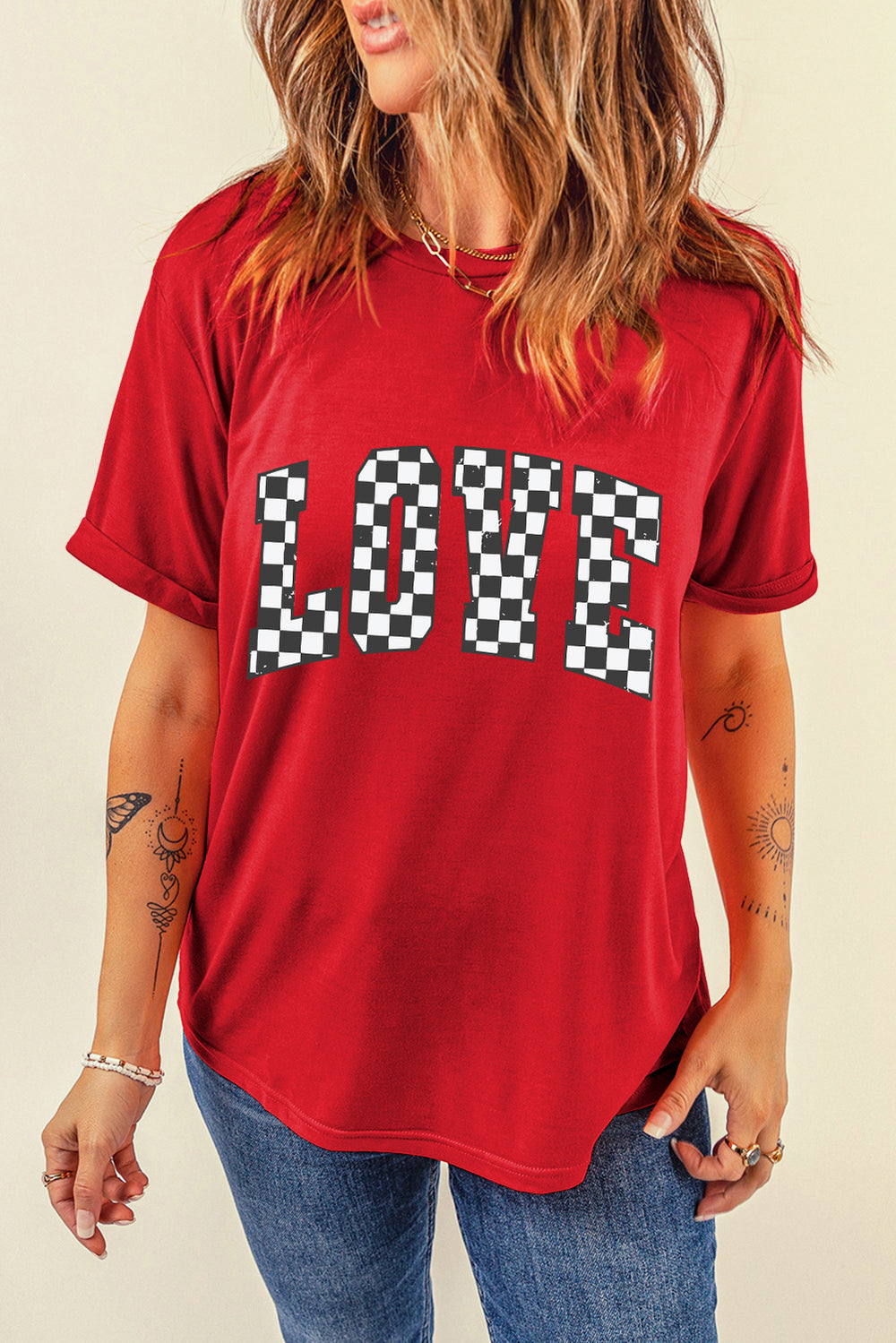  Checkered "LOVE" Red Graphic Valentines T Shirt