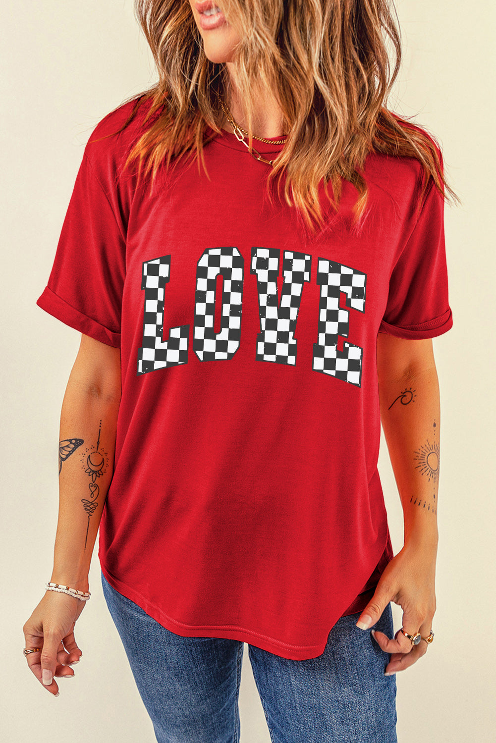  Checkered "LOVE" Red Graphic Valentines T Shirt