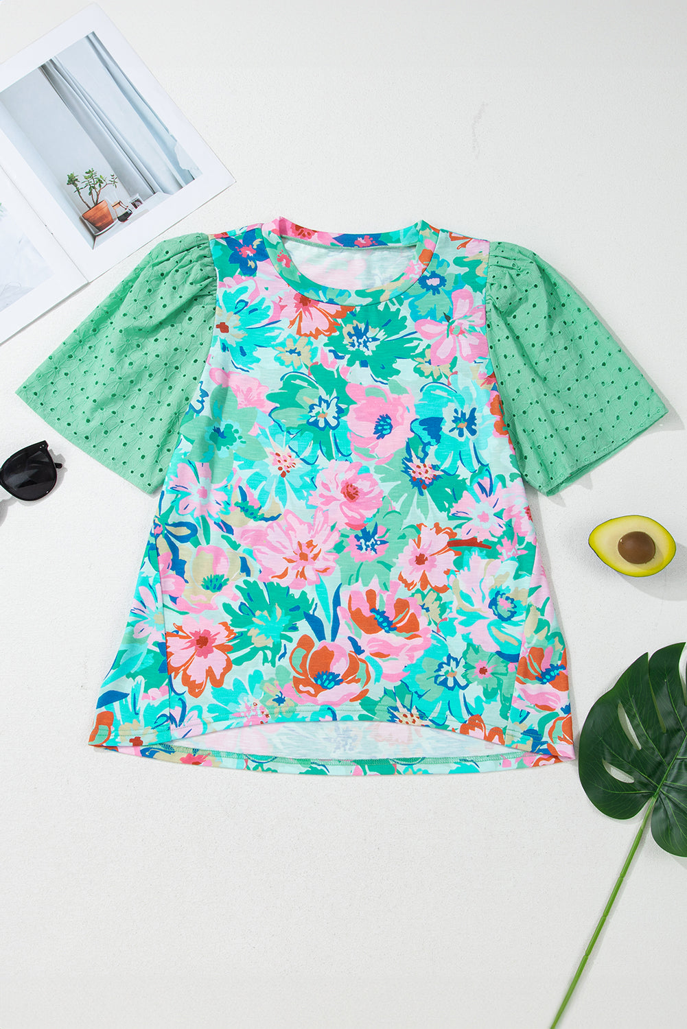 Green Floral Eyelet Embroidered Top