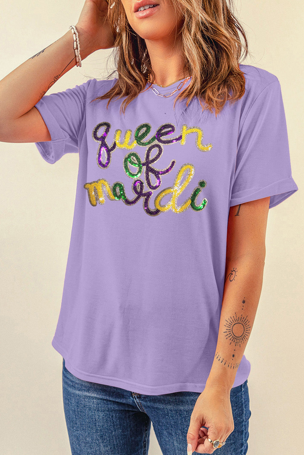 Graphic "Queen of Mardi" Sequin T Shirt